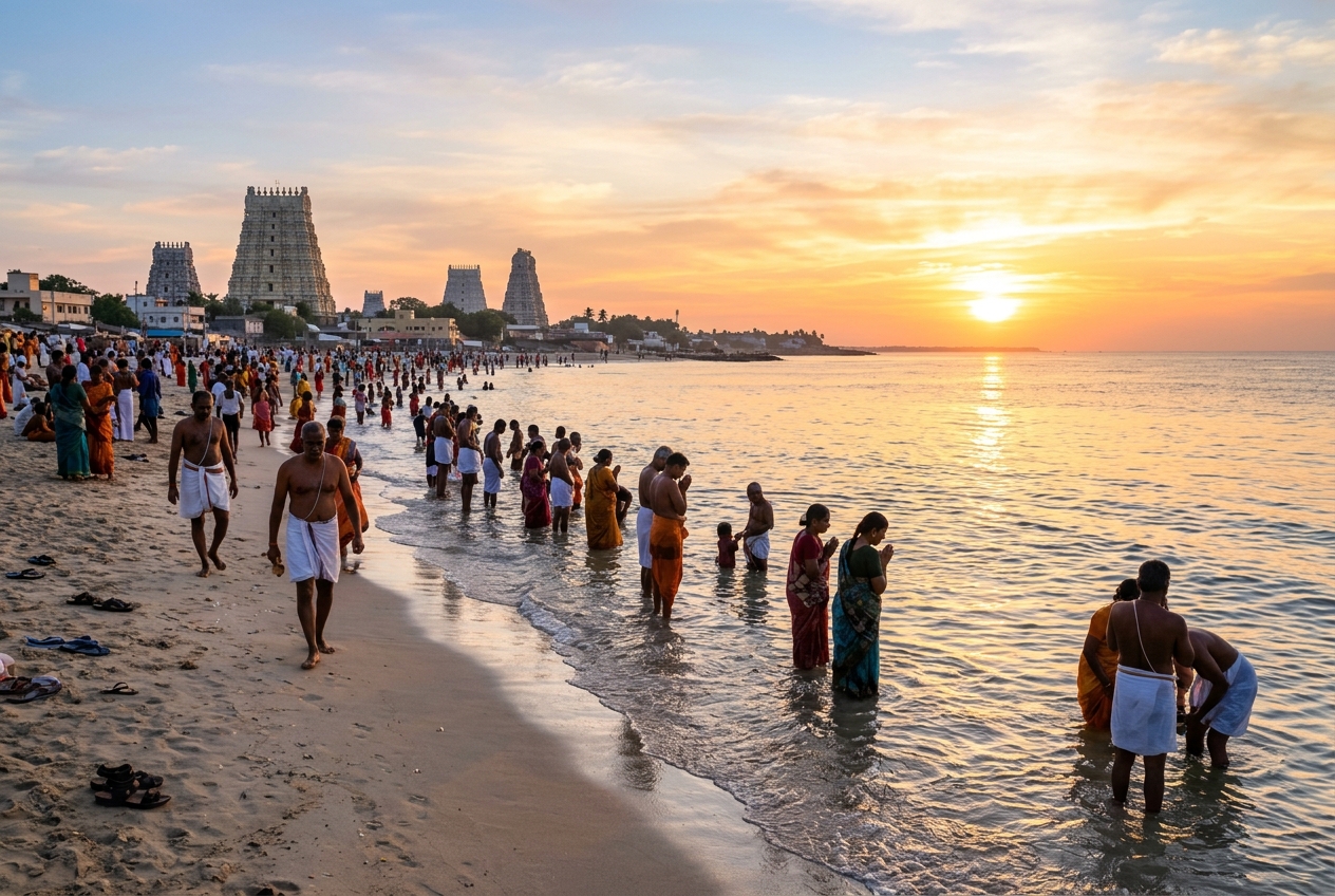 Agni Theertham morning prayers in Rameshwaram